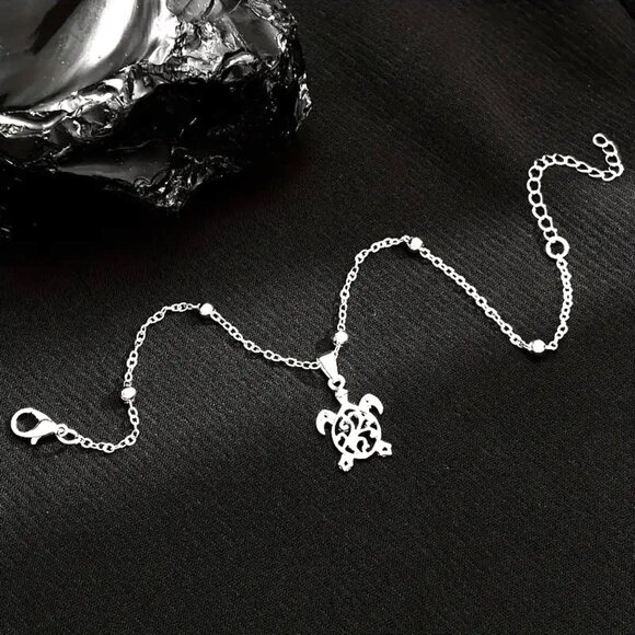 Sea Turtle Anklet Beads Dangle Beach Vacation Summer Fun Silver Boho Minimalist - Picture 3 of 4